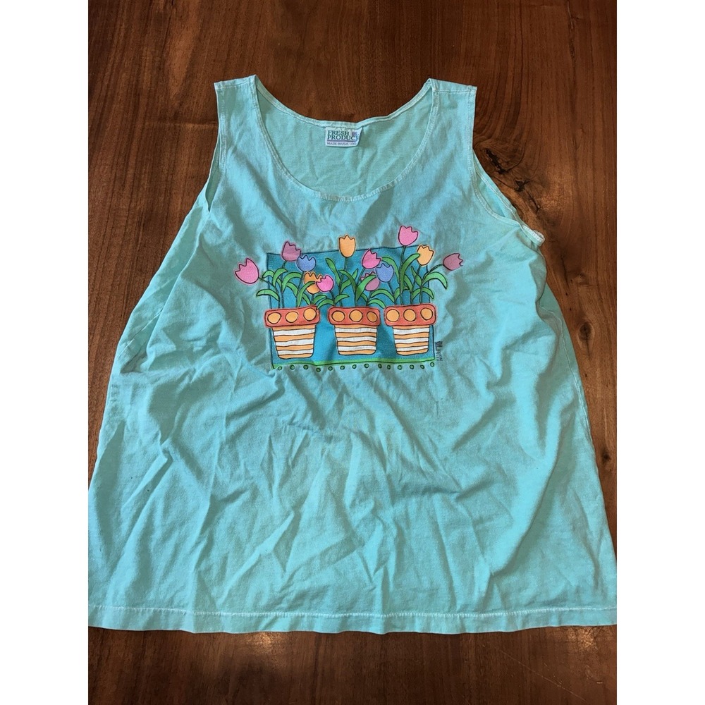 Fresh Produce Womens Vintage 90s Tank Top Size XL Teal Tulips